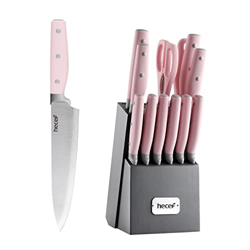 hecef Kitchen Knife Block Set, 14 Pieces Set with Wooden Block & Sharpener Steel & All-purpose Scissors, High Carbon Stainless Steel Cutlery Set, Mothers Day Gift Housewarming Birthday (Pink) - Pink