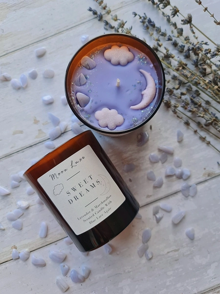 Sweet Dreams, Crystal Candle With Lavender and Marshmallow and Blue Lace Agate