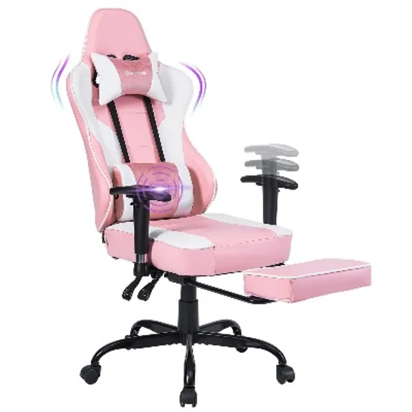 VON RACER Massage Gaming Chair Video Racing Computer Chair - Adjustable Massage Lumbar Cushion, Retractable Footrest and Arms High Back Ergonomic Leather Office Desk Chair, Pink/White