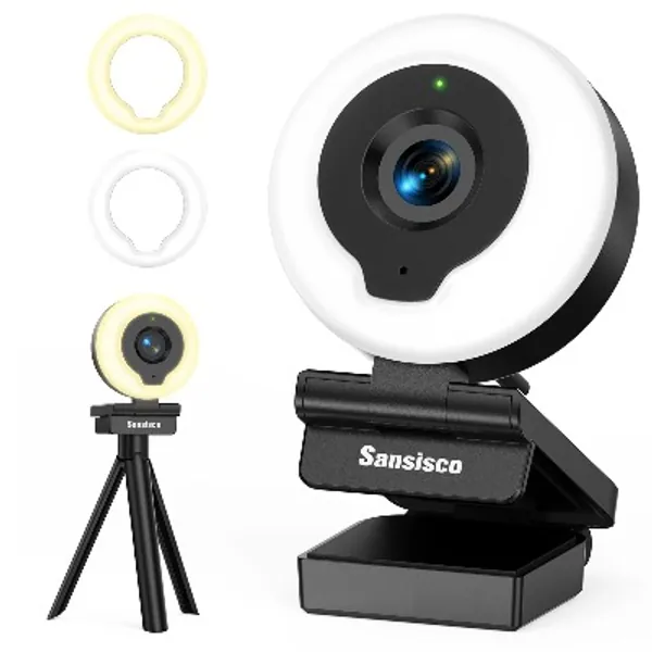 Webcam with Ring Light, Sansisco AutoFocus FHD 1080P Webcam with Microphone, 2 Colors and 3-Level Brightness, Plug and Play Computer Camera, Streaming Web Camera for Laptop MacBook PC for Zoom, Skype