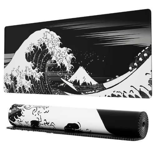 Ovenbird Extended Gaming Computer Mouse Pad, Large Black Mouse Pad for Desk, Cute Anime Japanese Great Wave Desk Pad for Keyboard and Mouse, Black, 31.5 x 11.8 x 0.12 inches - Black