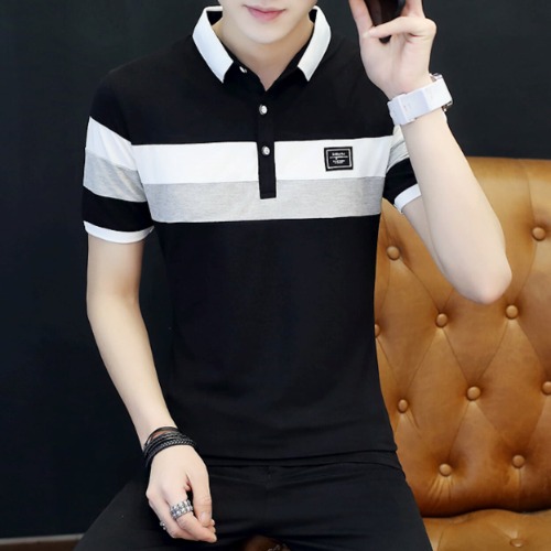 Mens Wide Striped Slim Fit Polo Shirt with Solid Back Panel - Black / L