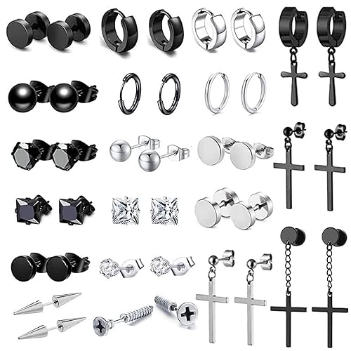 20 Pairs Stainless Steel Stud Earrings Set for Women Men Black Silvery Round Disc Ball Square Cubic Zircon Studs Dangle Earrings Fashion Small Huggie Hoops Jewelry