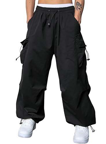 JMIERR Men's Baggy Cargo Pants Trendy Casual Parachute Pant Loose Fit Harem Joggers with Pockets for Streetwear - X-Large - A1 Black