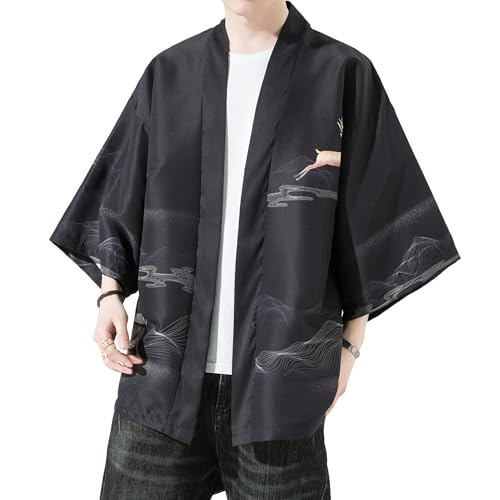 PRIJOUHE Men's Lightweight Kimono Jacket Seven Sleeve Open Front Cardigan Coat Japanese Style Bathrobe - 93-black3 - Large