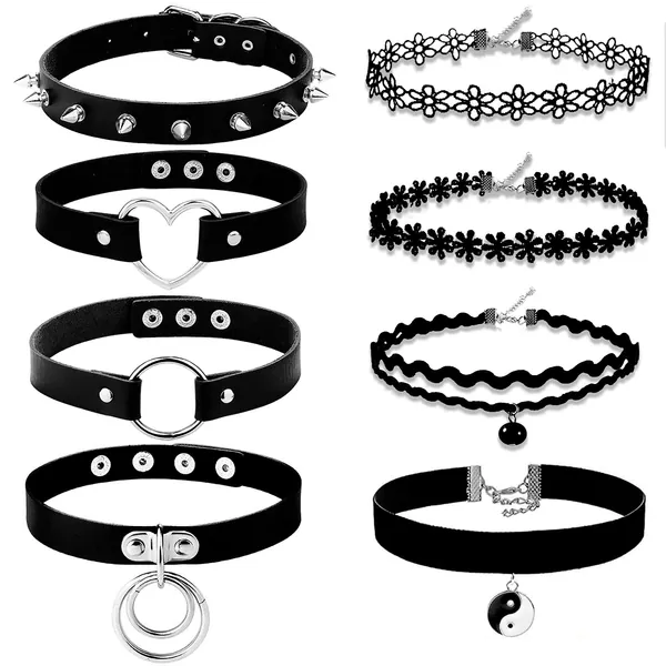Senteria 8PCS Black Choker Necklace for Women Girls Leather Choker Set Lace Choker Heart Choker Spiked Choker Collar for Women - 