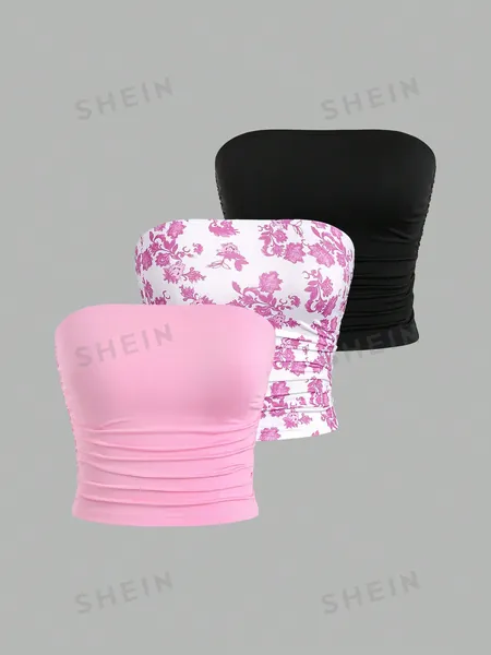 Women Retro Print & Solid Color Bandeau Tube Top