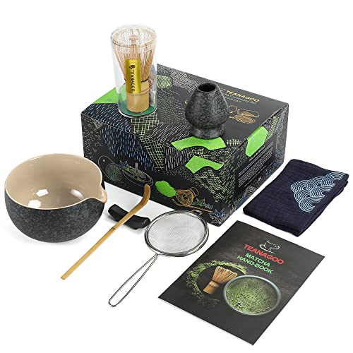 Japanese Tea Ceremony Set - Matcha Bowl, Bamboo Whisk, Scoop, Holder, and Matcha Green Tea Powder - Charcoal Grey, 7 Pieces - 7pcs/set, Bowl with pouring spout - Charcoal Grey+