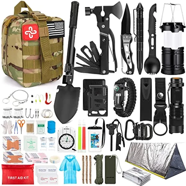 Survival Kit, 250Pcs Survival Gear First Aid Kit with Molle System Compatible Bag and Emergency Tent, Emergency Kit for Earthquake, Outdoor Adventure, Hiking, Hunting, Gifts for Men Women