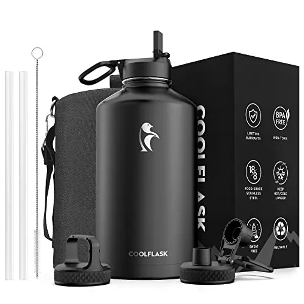 Coolflask Gallon Water Bottle Insulated with Straw&3 Lids, 128 oz Water Jug Large Stainless Steel Metal Vacuum Wide Mouth for Sports, Gym or Office, BPA-Free Keep Cold 48H Hot 24H, Magic Black