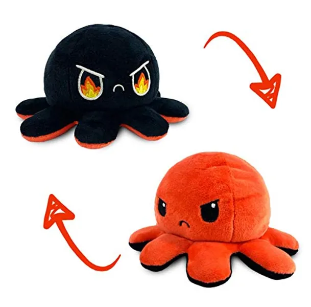 TeeTurtle | The Moody Reversible Octopus Plushie | Patented Design | Sensory Fidget Toy for Stress Relief | Red + Black | Angry + Rage | Show Your Mood Without Saying a Word!