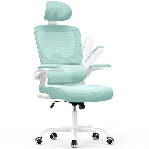 naspaluro Sedia Da Ufficio Ergonomica Con Supporto Lombare Adattativo a Forma Di C, Poggiatesta Regolabile, Braccioli Ribaltabili, Poltrone Ufficio a Rete Traspirante per Ufficio, Casa,Verdastro - Verde - Con Poggiatesta