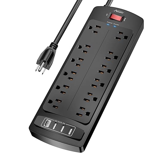 Power Strip Surge Protector - ALESTOR 10 Feet Extension Cord (1875W/15A) with 12 Outlets and 4 USB Ports, 2700 Joules, for Home, School, College Dorm Room, and Office, ETL Listed, Black - 10 Ft - Black