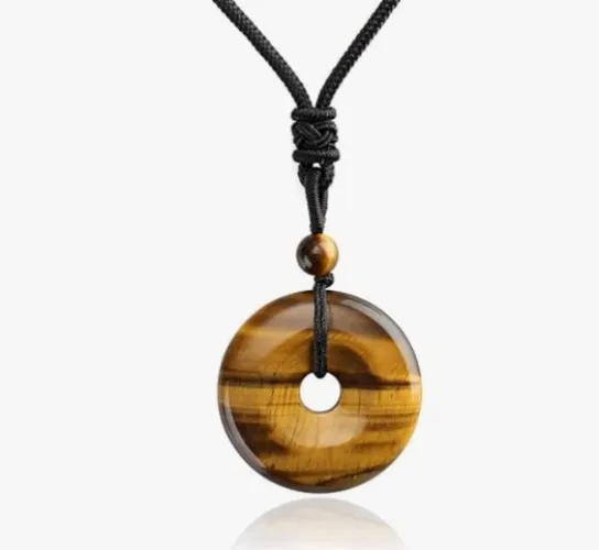 Jovivi 30mm Circle Donut Healing Crystals Necklace Natural Semi-Precious Chakra Gemstone Stone Amulet Lucky Coin Donuts Charm Protection Quartz Reiki Pendant Necklace for Men Women Adjustable Rope - Tiger Eye