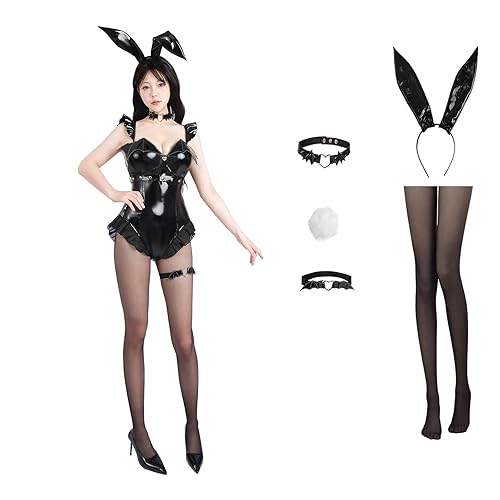 CR ROLECOS Bunny kostüm Frauen Set Bunny Bodysüit Kaninchen Set bunny girl cosplay Outfit Halloween Rave mit Ohren - XXL - Schwarz