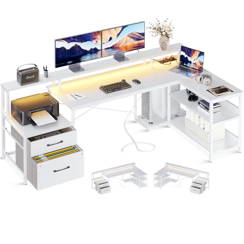 ODK Reversibel Eckschreibtisch Weiß mit Aktenschublade, 189.3×100 cm Gaming Tisch mit LED und Steckdose, Schreibtisch L Form mit Ablageflächen und Monitorablage - 189.3 ×100 cm - Weiß