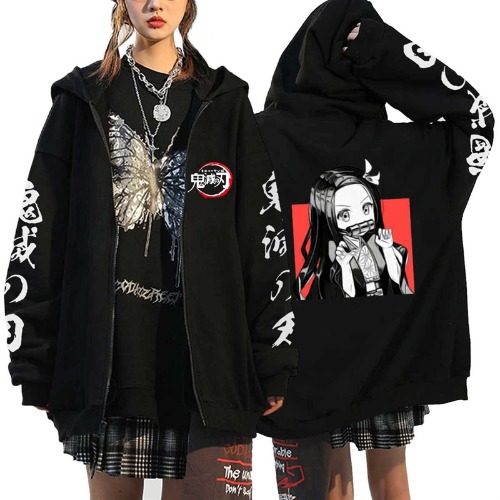 MCMYCO Jacke Damen Unisex Anime Kleidung Mit Kapuze Sweatjacke Fleece-Sweatshirt Demon Slayer Zip-up Hoodie Pullover Anime Kapuzenpullover Cosplay for Frühling und Herbst (Color : Black 1, Size : XL)
