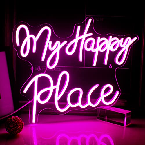 SIGNSHIP my happy place Neonlichter Led Neonlichter werden für Wanddekoration, USB-Buchstaben Neonlichter Große Acrylkunst Wanddekoration wird für Schlafzimmer Spielraum Bar Party Dekoration - A-my Happy Place