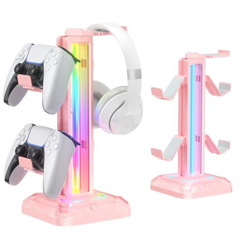 KDD Headset Halterung RGB mit 9 Lichtmodi - Controller Halter Schreibtisch - Drehbarer Gaming Kopfhörer Ständer & Abnehmbarer Controller Haken für Gamer PC Xbox ONE PS5 Gaming Zubehör (Rosa) - Rosa