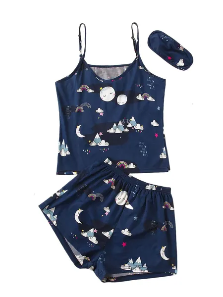 SheIn Women's Cute Cartoon Print Cami Top and Shorts Pajama Set with Eye Mask - Large Navy Graphic