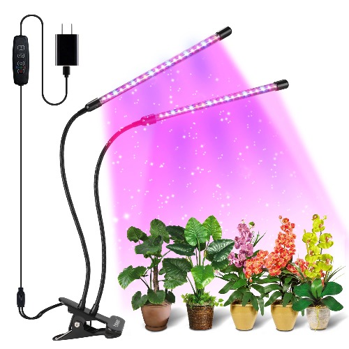 Grow Light Plant Lights for Indoor Plants, Full Spectrum Grow Lights for Seed Starting, Auto ON & Off, Dimmable Lightness & 3 Light Modes (with AC Adapter) - 2 Heads
