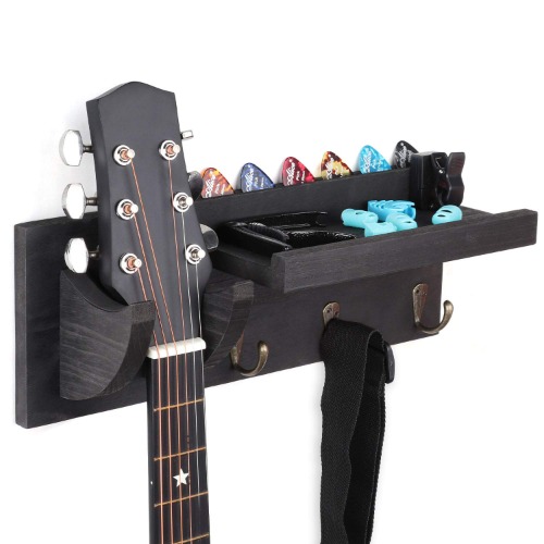 Bikoney Guitar Wall Mount Guitar Hanger Shelf Wood Guitar Hook with Pick Holder and 3 Hooks for Acoustic Electric Guitar, Ukulele, Bass, Guitar Holder Vintage Black [U.S. Patent] - Vintage Black