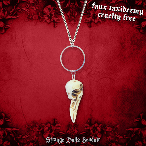 Raven skull necklace, Faux taxidermy, Witchy Gothic, Strange Dollz Boudoir