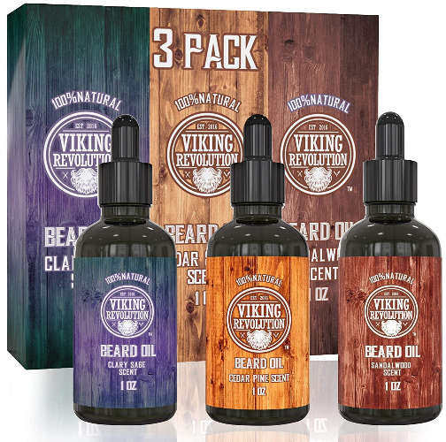 Beard Oil Conditioner 3 Pack - All Natural Variety Unique Sandalwood, Pine & Cedar, Clary Sage Conditioning and Moisturizing for a Healthy Beard by Viking Revolution