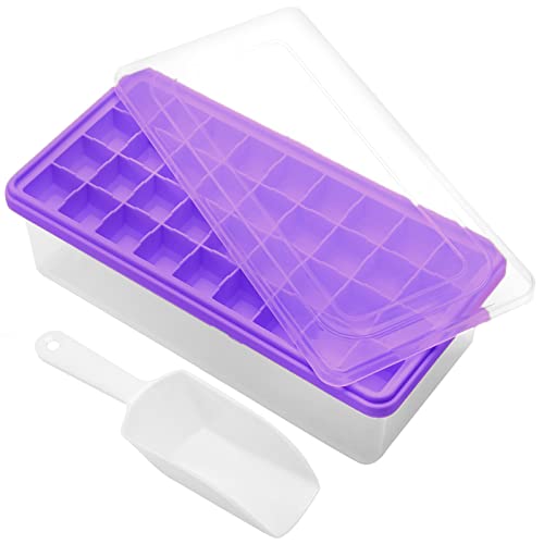 Food-grade Silicone Ice Cube Tray with Lid and Storage Bin for Freezer, Easy-Release 36 Small Nugget Ice Tray with Spill-Resistant Cover&Bucket, Flexible Ice Cube Molds with Ice Container, Scoop Cover - Purple