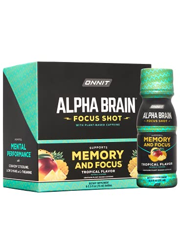 ONNIT Alpha Brain Focus Energy Shot Supplement - Energy, Focus, Mood, Stress, Brain Booster Drink - Tropical (2.5 fl oz, 6 ct) - Fruit - 2.5 Fl Oz (Pack of 6)