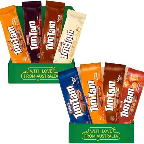 Tim Tam Cookies Gift Set - 8 Pack Bundle, Assorted Flavors, Freshly Air Shipped - Arnott's Original, Dark, White & Caramel, Double Chocolate & Salted Caramel