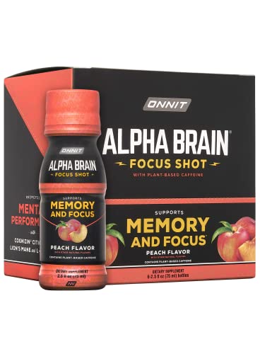 ONNIT Alpha Brain Focus Energy Shot Supplement - Energy, Focus, Mood, Stress, Brain Booster Drink - Peach (2.5 fl oz, 6 ct) - Peach - 2.5 Fl Oz (Pack of 6)