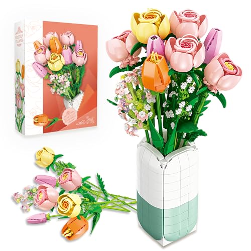 REMOCGUYS Flower Bouquet Building Set Tulips & Camellia with Vase for Adults -1011pcs