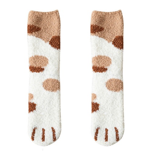Kawaii Warm Cat Paw Fuzzy Socks - 1 x Brown Calico