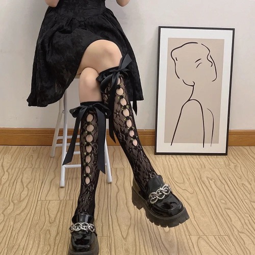Black Lolita Kawaii Lace Mesh Fishnet Knee High Socks - Black / One Size