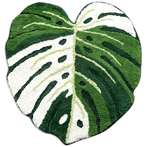 FrecklePot Albo Monstera Non Slip Bath Mat or Kitchen Tufted Rug | Plant Leaf Shaped Kids Pets Floor Mat Carpet, Green, 30" x 28" - Albo Monstera