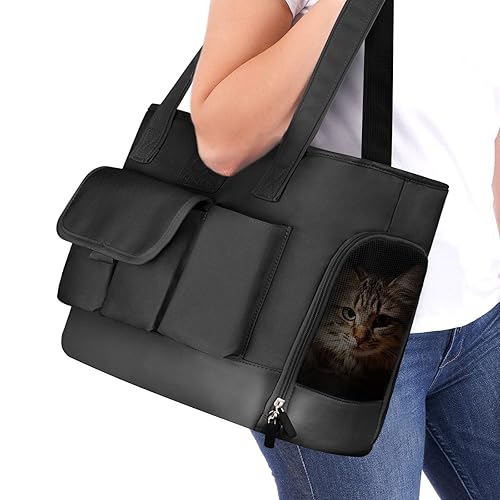 Cat Carrier, Dog Carrier, Pet Carrier, Foldable Waterproof Premium PU Leather Oxford Cloth Dog Purse, Portable Bag Carrier for Small to Medium Cat and Small Dog, Airline Approved Soft-Sided Carrier - Black