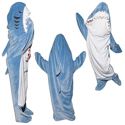 OLAOLA Shark Blanket Hoodie Onesie for Adult, Soft Cozy Flannel Wearable Shark Blanket Sleeping Bag Halloween Cosplay Costume - Shark - Large