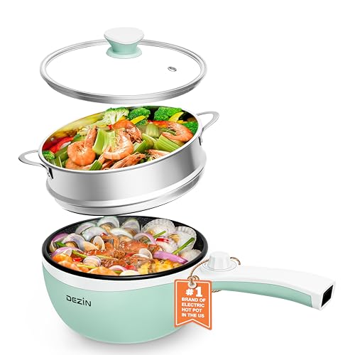Dezin Hot Pot Electric with Steamer Upgraded, Non-Stick Sauté Pan, Rapid Noodles Electric Pot, 1.5L Mini Pot for Steak, Egg, Fried Rice, Ramen, Oatmeal, Soup with Power Adjustment (Egg Rack Included) - Green-Steamer
