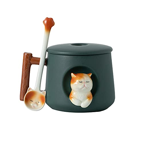 DIHOclub Adorable 3D Ceramic Cat Mug with Lid and Spoon - Perfect for Coffee, Tea, Milk, and More - Ideal Gift for Animal Lovers - 14 Ounces (Green) - Green