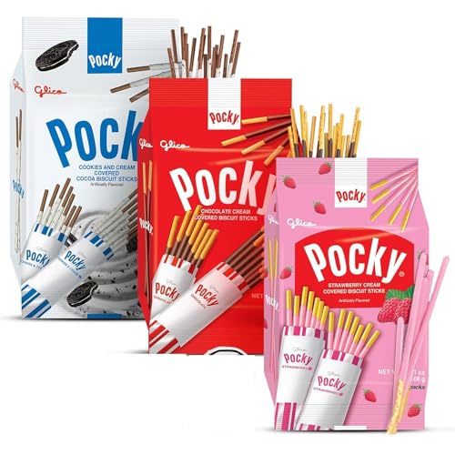Pocky Sticks Japanese Snacks Variety Pack of 3 - Poky Stix Strawberry, Chocolate, Cookies, and Cream Asian Candy by Grateful Grocer