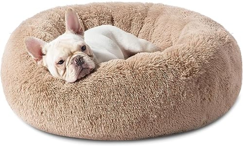 Bedsure Calming Dog Bed for Medium Dogs - Donut Washable Medium Pet Bed, 30 inches Anti-Slip Round Fluffy Plush Faux Fur Cat Bed, Fits up to 45 lbs Pets, Camel - 30.0"L x 30.0"W x 8.0"Th - Camel