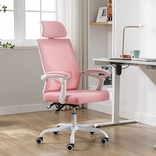 Qulomvs Mesh Ergonomic Office Chair with Headrest and Backrest 90-135 Adjustable Computer Executive Desk Chair with Wheels 360 Swivel Task Chair(Pink) - Pink No Footrest