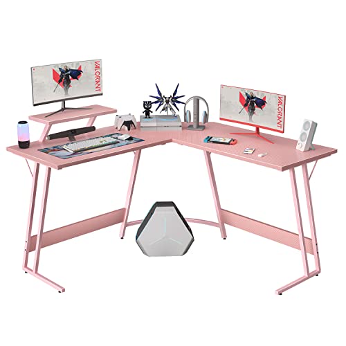 Homall L Shaped Gaming Desk Computer Corner Desk PC Gaming Desk Table with Large Monitor Riser Stand for Home Office Sturdy Writing Workstation (Pink, 51 Inch) - 51 Inch - Pink