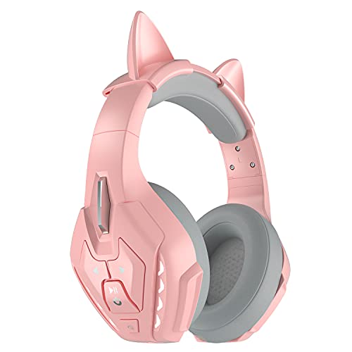 PHOINIKAS Kitty Stereo Gaming Headset for PS4, PC, PS5, Nintendo Switch, Xbox one Game Component with Removable Mic, Q10 Wireless Bluetooth Cats Ear Headphones for Phone/Laptop/Tablet, 40h Use (Pink) - Wireless+Pro+7.1 Surround - Pink