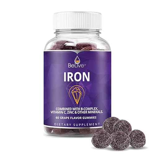 Iron Gummies Supplement with Vitamin C, A, Vitamins B Complex, Folate, Multivitamins for Women, Kids & Adults - Supports Energy, No After Taste, Vegan Supplements - Grape Flavor (60 Ct) - 60 count (Pack of 1)
