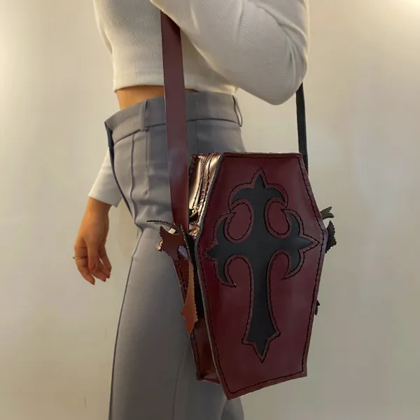 Templar Tomb Leather Gothic Purse, Red Handmade Leather Shoulder Coffin Bag, Unique Goth Crossbody Bag, Christmas Gift for Girlfriend