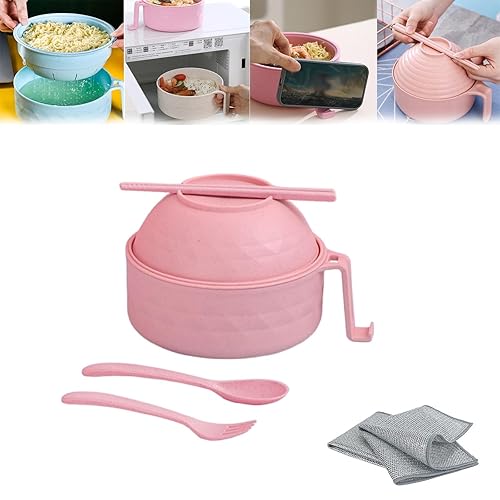 Tipazuyi Ramen Noodles Bowl, Ramen Microwave Bowl, Ramen Bowl Set with Chopsticks, Spoon, Fork, Portable Ramen Cooker for Dorm, Home, Office(Pink) - Pink