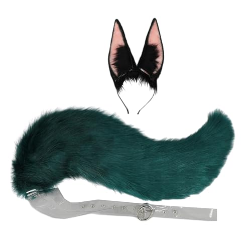 TTYAO REII Tighnari Ears and Tail Set Faux Fur Anime Cosplay Headband with Tail Animals Costume Accessories for Party - Black and Green