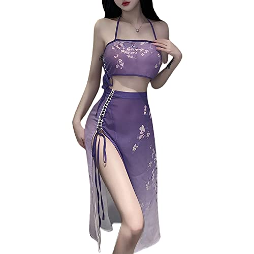 SINROYEE Sexy Anime Cosplay Costume Cheongsam High Split Dress Chinese Hanfu Pajamas For womens - Purple